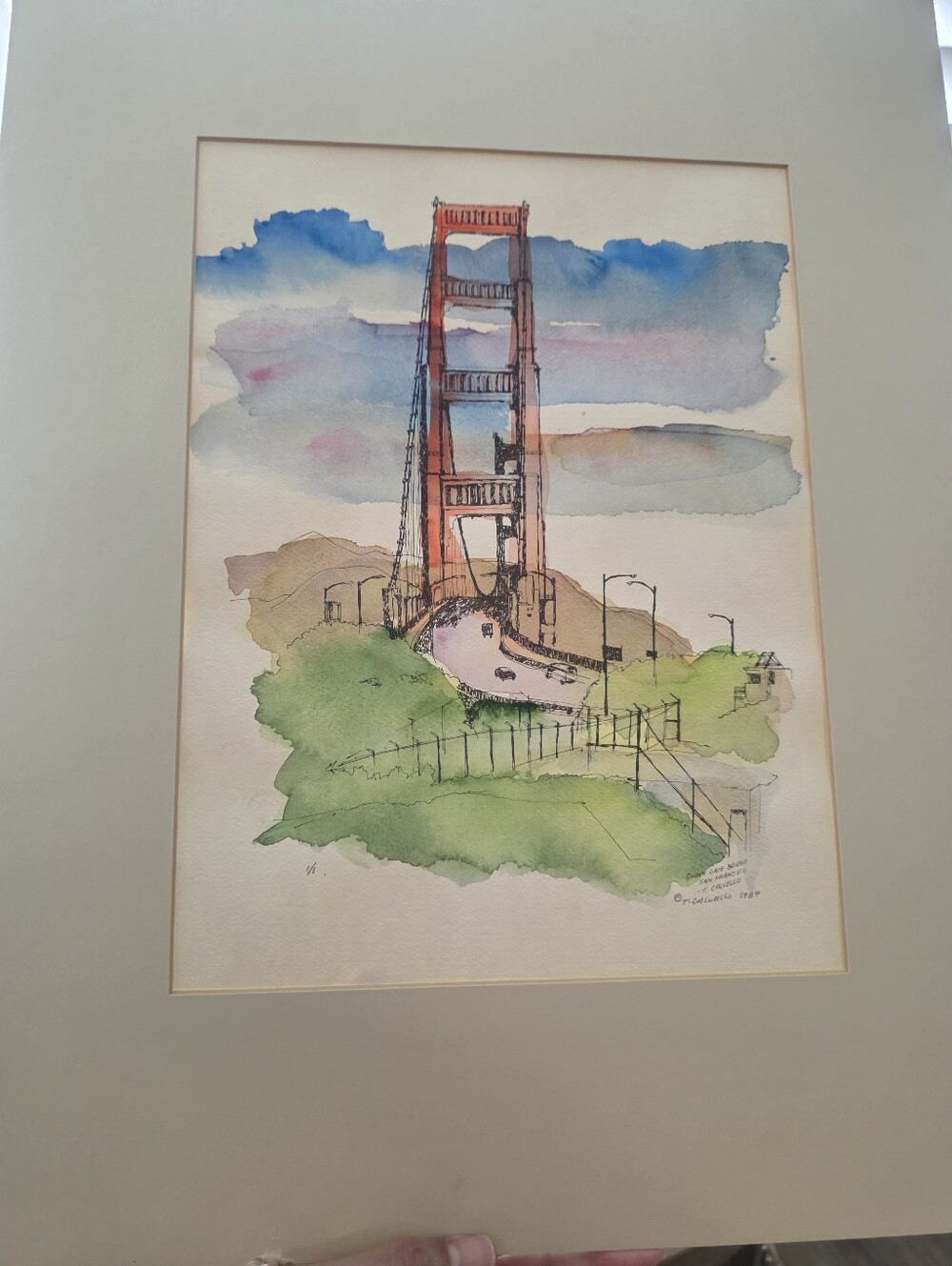 Original Watercolor Of Golden Gate Bridge By T. Calvello, 1989
